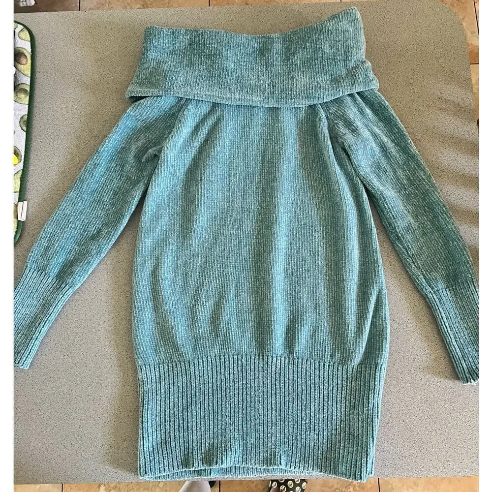 White House Black Market Soft Cowl Neck sweater dress tunic top blue velour s